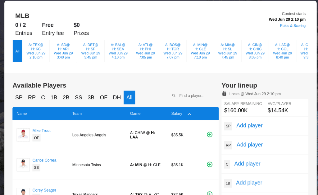 Screen shot fantasy sports application